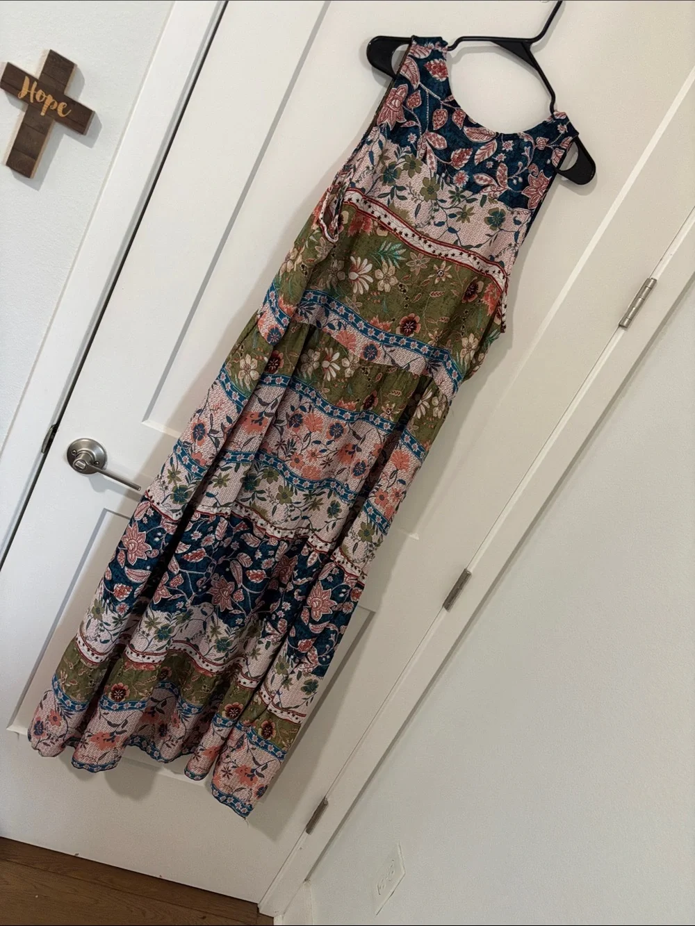 Kaktus Boho Patchwork Maxi Dress in Green and Navy - Picture 3 of 4